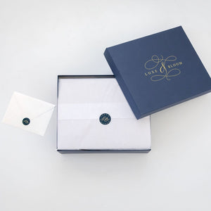 Open Large Navy Luxury Gift Box with Interior Wrapping and Card from Luxe & Bloom