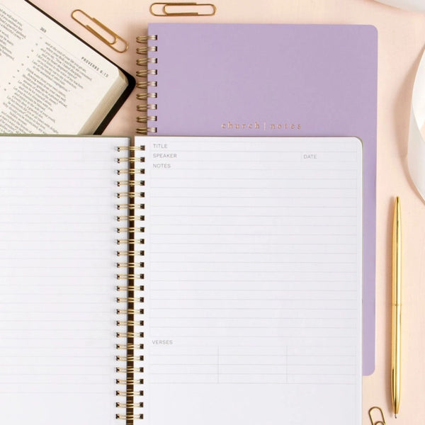 Lilac Church Notes Bible Reference Notebook interior pages with Bible, pen and notebook on cream background | Build A Custom Christian Gift Box for Women with Luxe & Bloom