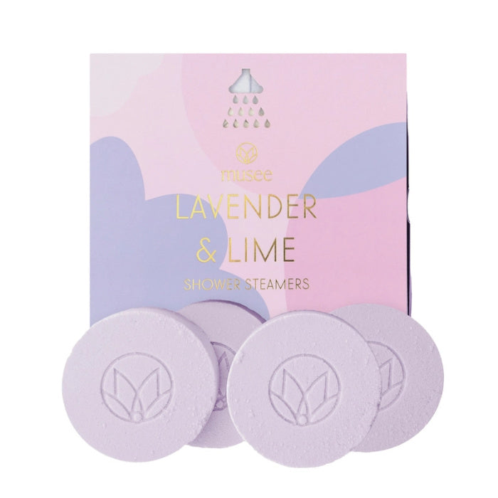 Musee Lavender & Lime shower steamers in a purple box on a pink background | Build A Luxury Custom Gift Box for Women with Luxe & Bloom