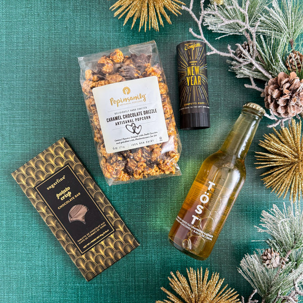 New Years Toast Luxury Curated Gift Box | Holiday Corporate Gifts | Gourmet Chocolate & Popcorn, Non-Alcoholic Tost Bubbly, and a New Years confetti popper