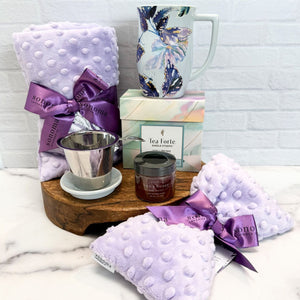 Tea Forté wellness tea, raw honey, Tea Forte Demoiselle infuser tea mug, and Sonoma Lavender spa wrap and spa mask for our Comfort & Calm gift box.