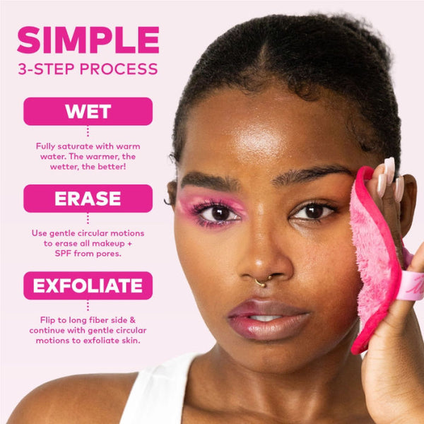 Woman using a pink Makeup Eraser cloth with text on a white background