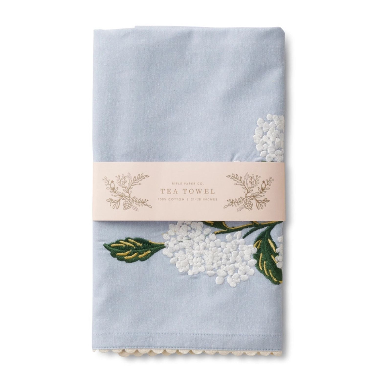 Folded Rifle Paper Co. Light Blue Hydrangea Embroidered Tea Towel on a white background | Build A Luxury Custom Gift Box for Women with Luxe & Bloom