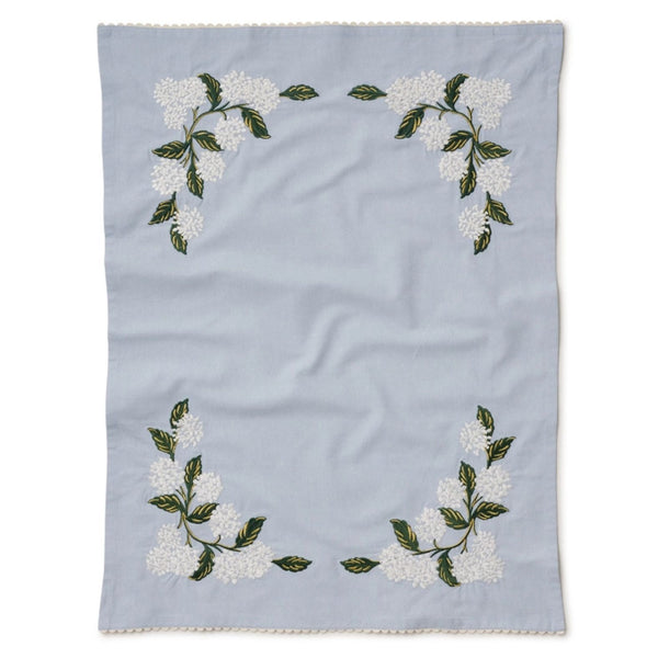 Rifle Paper Co. Light Blue Hydrangea Embroidered Tea Towel on a white background | Build A Luxury Custom Gift Box for Women with Luxe & Bloom