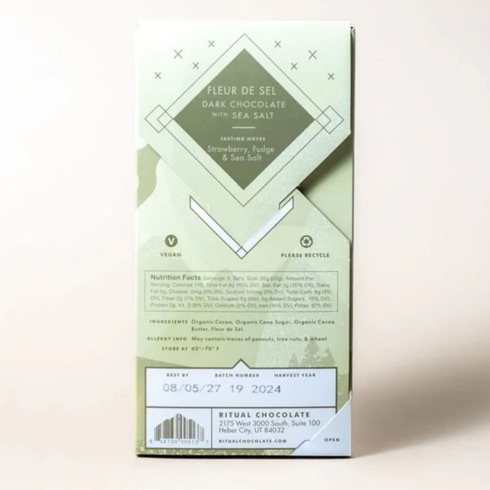 Ritual Chocolate Fleur De Sel Chocolate Bar in green packaging with a mountain and tree design on a white background | Build A Luxury Custom Gift Box with Luxe & Bloom