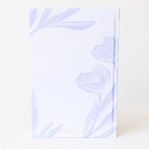 Back cover of Selah Publications The Langley Notebook with blue painted flowers and gold lettering on an off-white linen cover | Build A Christian Custom Gift Box for Women with Luxe & Bloom
