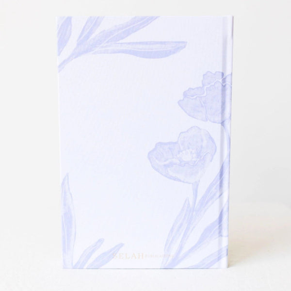 Back cover of Selah Publications The Langley Notebook with blue painted flowers and gold lettering on an off-white linen cover | Build A Christian Custom Gift Box for Women with Luxe & Bloom