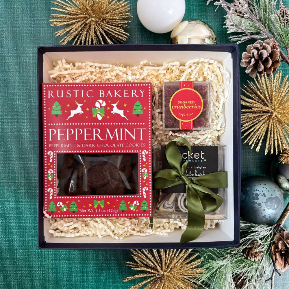 So Very Merry Holiday Corporate Gift Box with Rustic Bakery Peppermint Dark Chocolate Cookies, Sugarfina Sugared Cranberries & Ticket Chocolate Peppermint Chocolate Bark