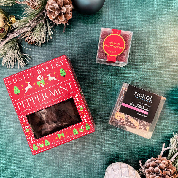 Rustic Bakery Peppermint Dark Chocolate Cookies, Sugarfina Sugared Cranberries & Ticket Chocolate Peppermint Chocolate Bark