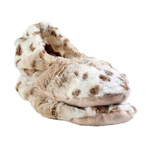 A pair of plush faux-fur Sonoma Lavender Arctic Circle Spa Footie slippers in a beige and brown spotted animal print, shown on a plain white background.