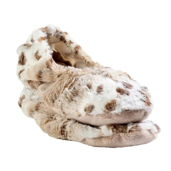 A pair of plush faux-fur Sonoma Lavender Arctic Circle Spa Footie slippers in a beige and brown spotted animal print, shown on a plain white background.