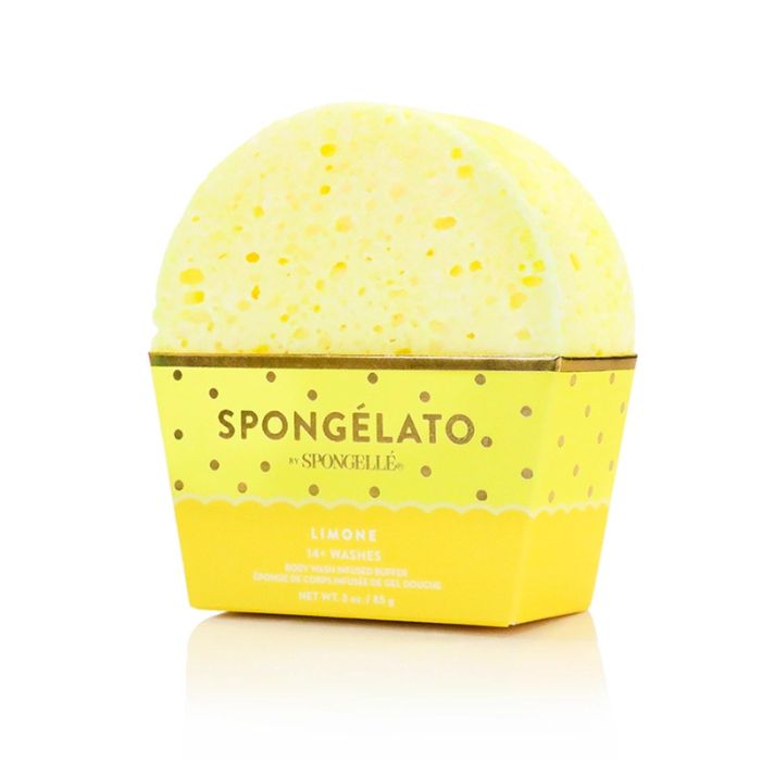 Spongelle Limone Spongelato Body Buffer with lemon slices on a wooden board and purple background | Build A Luxury Custom Gift Box for Women with Luxe & Bloom