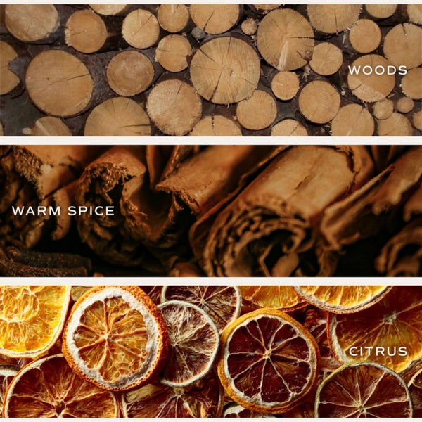 Three horizontal panels showing scent or flavor imagery: top labeled 'WOODS' with stacked natural wood logs, middle labeled 'WARM SPICE' with curled warm brown bark/spice pieces, and bottom labeled 'CITRUS' with dried orange and citrus slices. Scent profile for Sweet Water Decor Cozy Season Candle from Luxe & Bloom