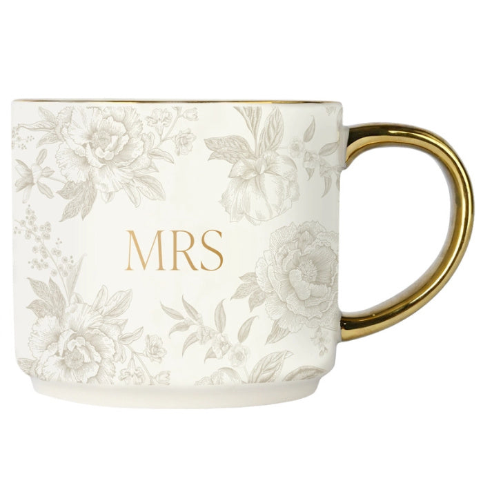 Woman holding a mug with 'MRS' on it, wearing a white lace garment | Sweet Water Decor Mrs Coffee Mug | Build. A Luxury Custom Gift Box for Women with Luxe & Bloom