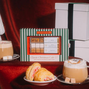 Teaspressa Luxe Christmas Cafe Mixer Cube Trio next to two mixed drinks and pastries | Build A Luxury Custom Christmas Gift Box with Luxe & Bloom
