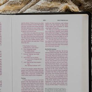 Inside view of an open The Daily Grace Co. Morning Glory ESV Wide Margin Reference Bible with red letters | Build A Christian Custom Gift Box for Women with Luxe & Bloom