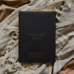 Back of The Daily Grace Co. Morning Glory ESV Wide Margin Reference Bible with the words " Your word is a lamp to my feet and a light to my path." Psalm 119:105" written in gold on the back cover 