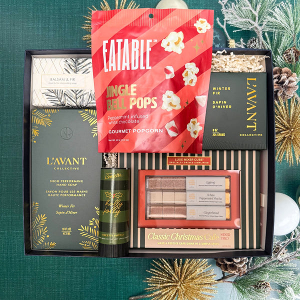 Tis The Season Luxury Holiday Gift Box with L'avant Collective Winder Fir Hand Soap & Candle, Formulary 55 Balsam & Fir Soap, Eatable Jingle Bell Pops Popcorn, Teaspressa Classic Christmas Cafe Mixers, and Emergency Confetti Holly Jolly Confetti Popper.