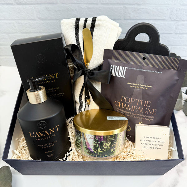 Welcome Home Luxury Curated Gift Box with L'avant fresh linen hand soap, Turkish kitchen towel, mini charcuterie board set, Champagne popcorn, Volcano candle, and home matchbox | Housewarming Gift or Realtor Gift from Luxe & Bloom