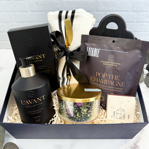 Welcome Home Luxury Curated Gift Box with L'avant fresh linen hand soap, Turkish kitchen towel, mini charcuterie board set, Champagne popcorn, Volcano candle, and home matchbox | Housewarming Gift or Realtor Gift from Luxe & Bloom