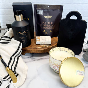Welcome Home Luxury Curated Gift Box with L'avant fresh linen hand soap, Turkish kitchen towel, mini charcuterie board set, Champagne popcorn, Volcano candle, and home matchbox | Housewarming Gift or Realtor Gift from Luxe & Bloom
