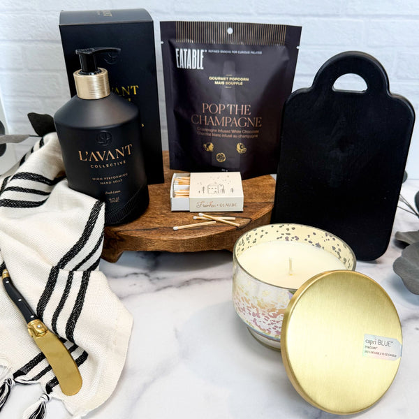 Welcome Home Luxury Curated Gift Box with L'avant fresh linen hand soap, Turkish kitchen towel, mini charcuterie board set, Champagne popcorn, Volcano candle, and home matchbox | Housewarming Gift or Realtor Gift from Luxe & Bloom