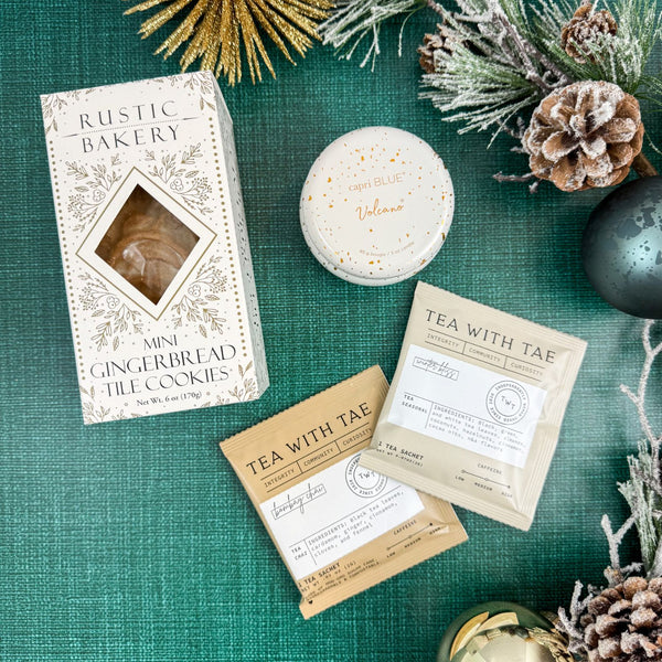 Rustic Bakery Gingerbread Tile Cookies, Capri Blue Volcano Glimmer Candle, and Tea with Tae Holiday Tea | Corporate Gifts