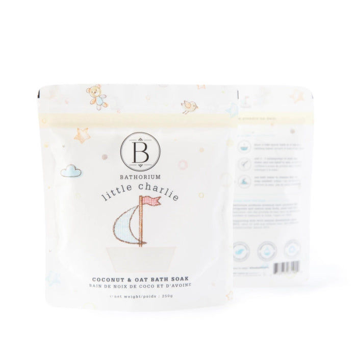 Bathorium Little Charlie coconut and oat baby bath soak packaging on a white background