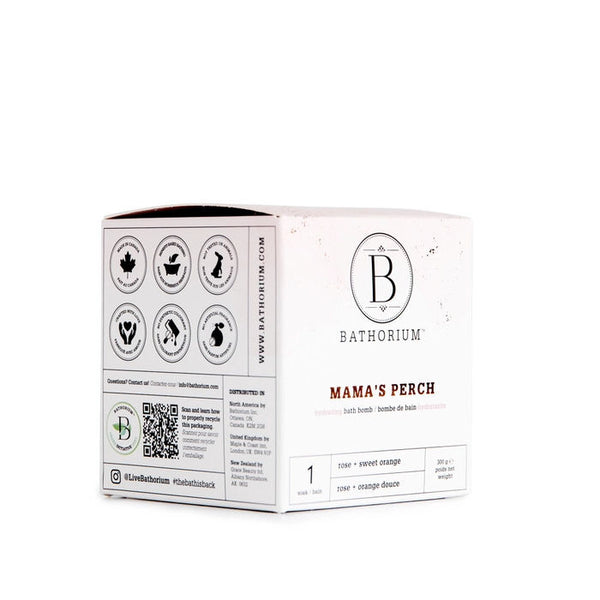 Bathorium Mama's Perch Bath Bomb packaging with branding and product details on a white background