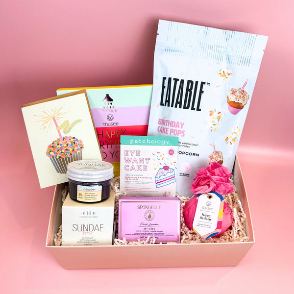 Deluxe Birthday Treat Gift Box with Birthday Cake Themed Treats | Luxury Curated Gift Boxes for Women from Luxe & Bloom