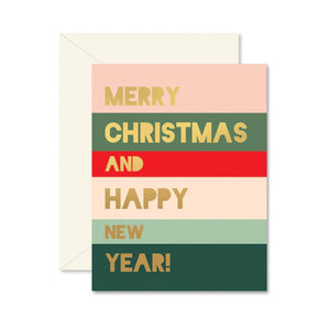 Ginger P. Designs colorblock greeting card with 'Merry Christmas and Happy New Year!' text on a striped background | Build A Luxury Custom Christmas Gift Box with Luxe & Bloom