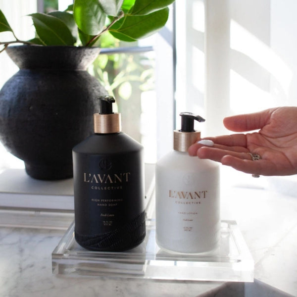 L'AVANT Collective Fresh Linen Hand Lotion and Hand Soap Sitting on a Counter | Build A Luxury Custom Gift Box with Luxe & Bloom
