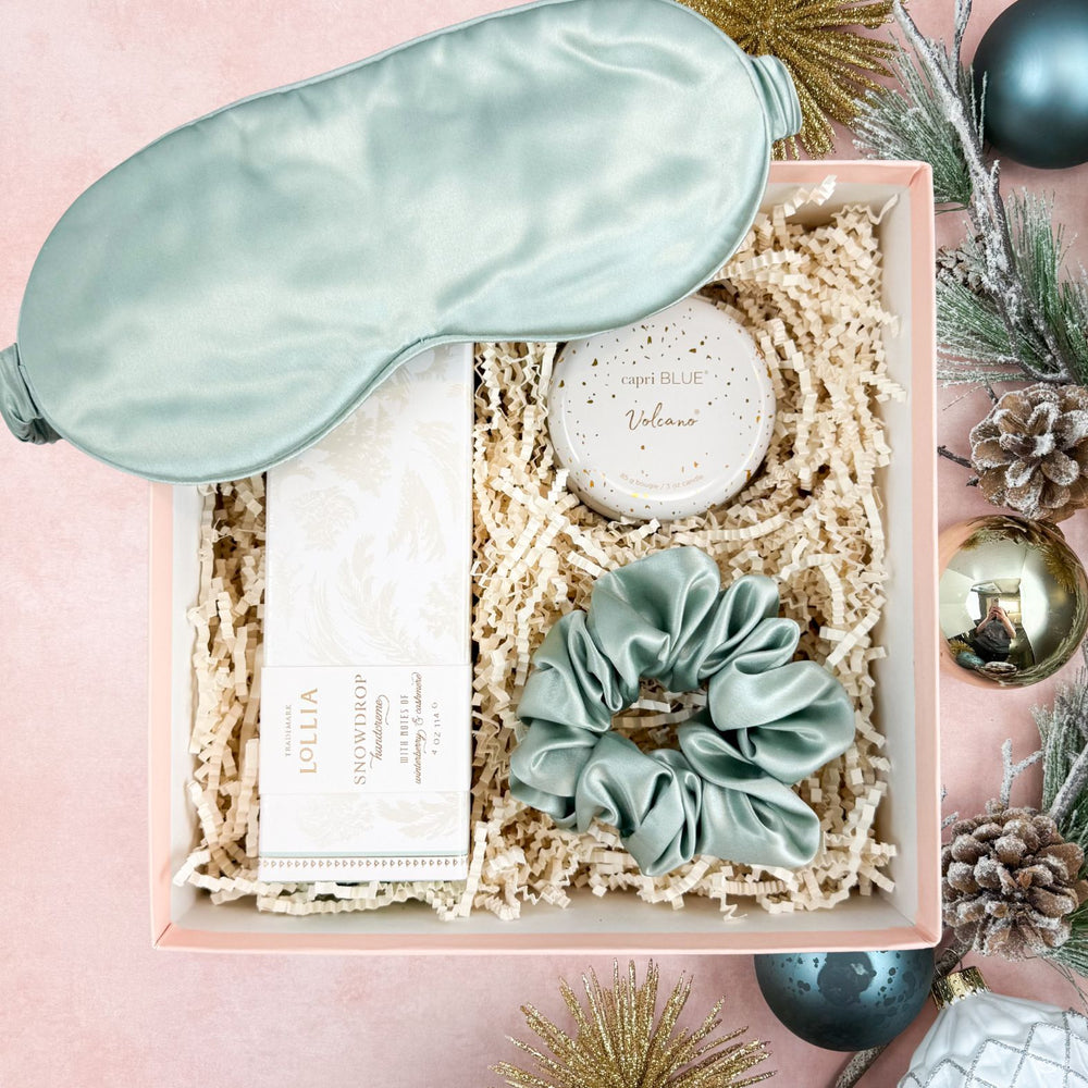 Let It Snow Luxury Curated Christmas Gift Box with Silk Sleep Mask & Scrunchie, Capri Blue Volcano Candle, and Lollia Snowdrop Handcreme