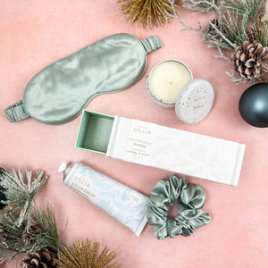 Let It Snow Luxury Curated Christmas Gift Box with Silk Sleep Mask & Scrunchie, Capri Blue Volcano Candle, and Lollia Snowdrop Handcreme