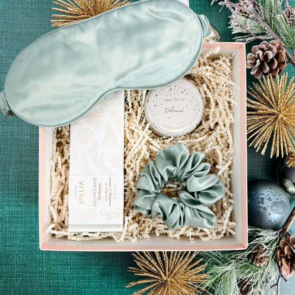 Let It Snow Luxury Curated Christmas Gift Box with Silk Sleep Mask & Scrunchie, Capri Blue Volcano Candle, and Lollia Snowdrop Handcreme