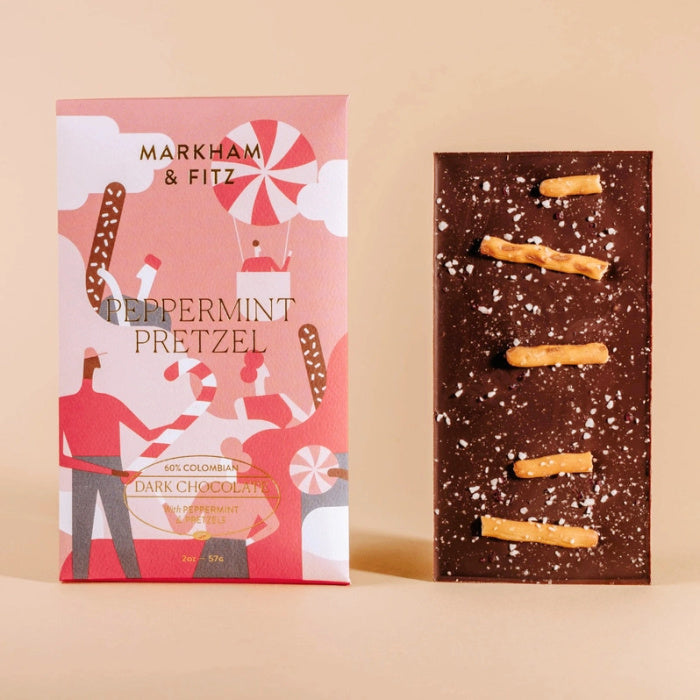 Markham & Fitz Peppermint Pretzel Dark Chocolate Bar on a gold background | Build A Luxury Custom Christmas Gift Box with Luxe & Bloom