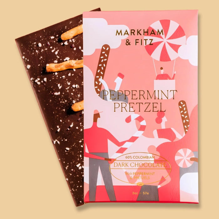 Markham & Fitz Peppermint Pretzel Dark Chocolate Bar on a gold background | Build A Luxury Custom Christmas Gift Box with Luxe & Bloom