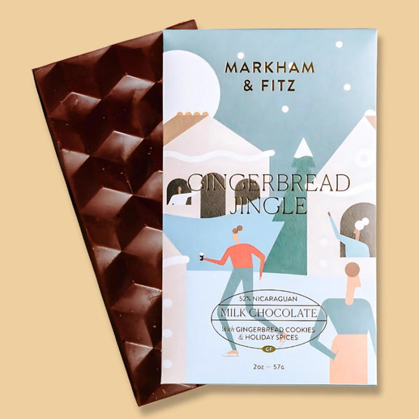 Markham & Fitz Gingerbread Jingle Chocolate Bar on gold background | Build A Luxury Custom Christmas Gift Box with Luxe & Bloom
