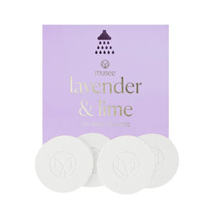 Musee lavender & lime shower steamers with a purple packaging label on a white background
