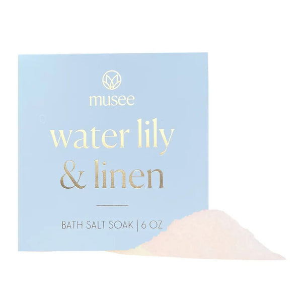 Musee Bath Water Lily Mini Bath Salt Soak with light blue and gold packaging on a white background | Build A Luxury Custom Gift Box for Women with Luxe & Bloom