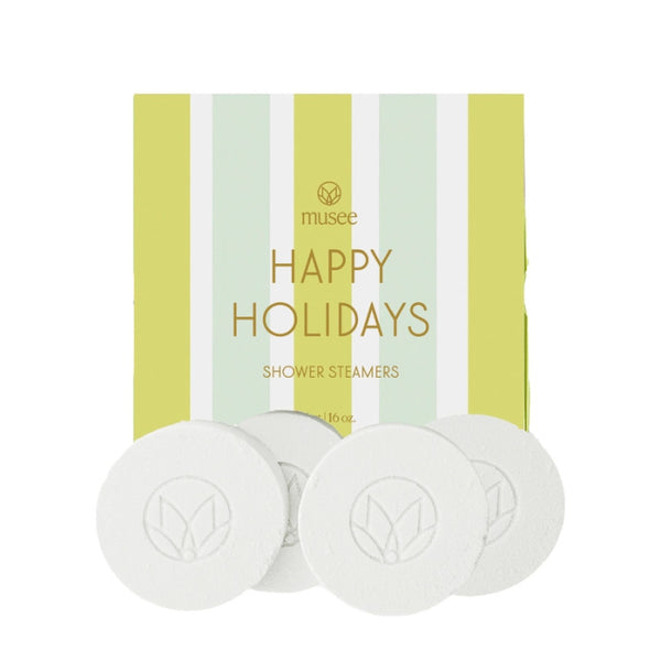 Musee Happy Holidays Shower Steamers on a white background | Build A Luxury Custom Christmas Gift Box with Luxe & Bloom