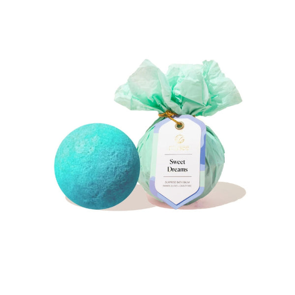 Musee Turquoise Sweet Dreams bath bomb with a label on a white background | Build A Luxury Custom Gift Box for Women with Luxe & Bloom