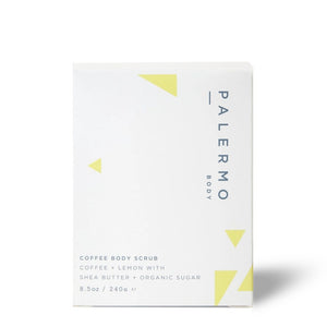 Palermo Body coffee body scrub packaging with geometric design on a white background