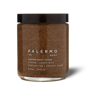 Jar of Palermo Body coffee body scrub on a white background | Build A Luxury Custom Gift Box for Women with Luxe & Bloom