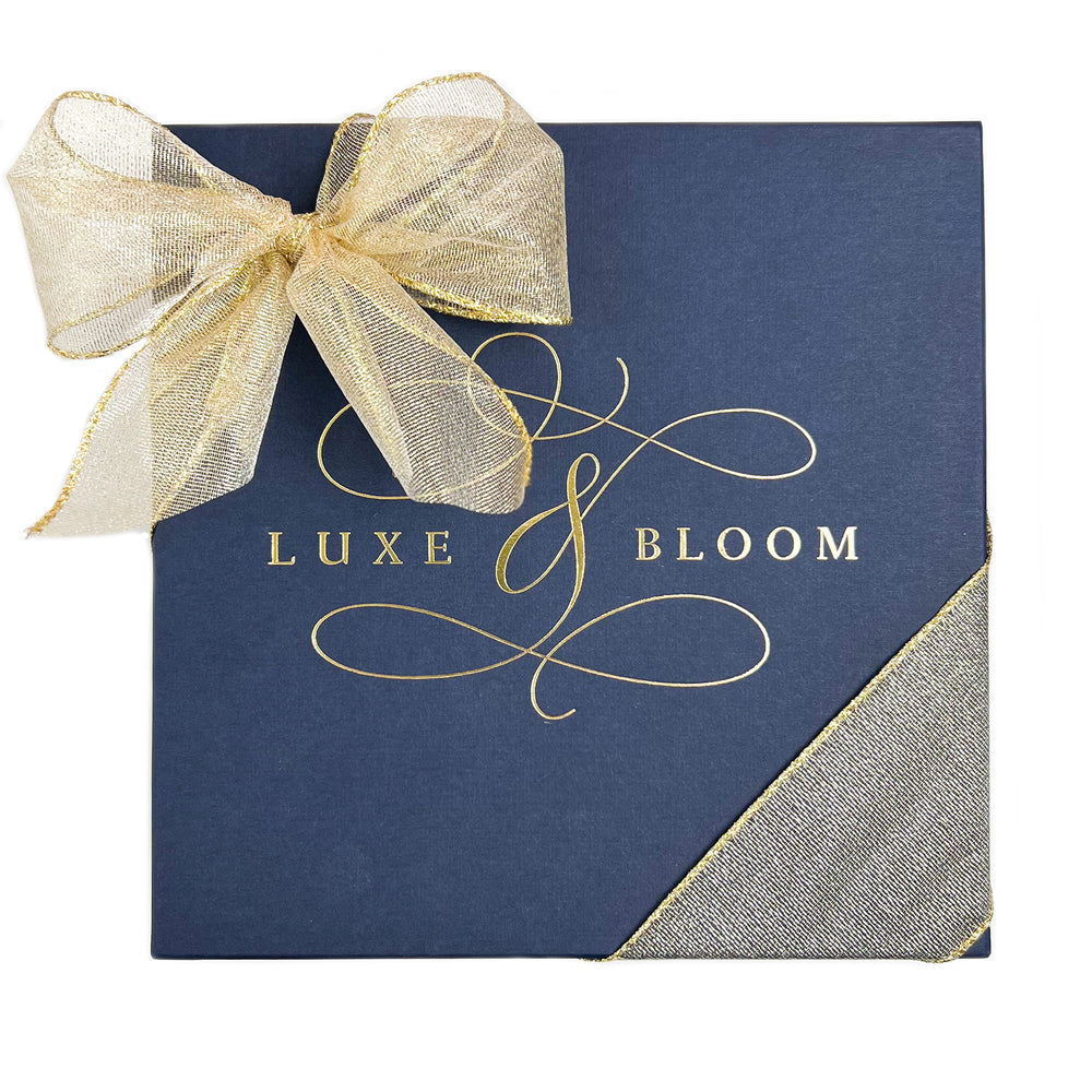 Luxe & Bloom Luxury Petite Signature Navy Holiday Gift Box with Gold Ribbon