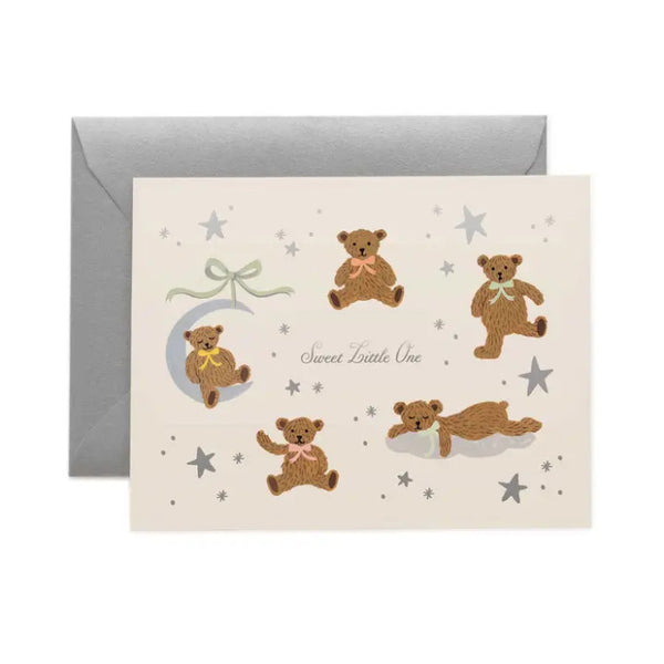 Rifle Paper Co. Sweet Little One Card with teddy bear illustrations and a silver envelope on a white background