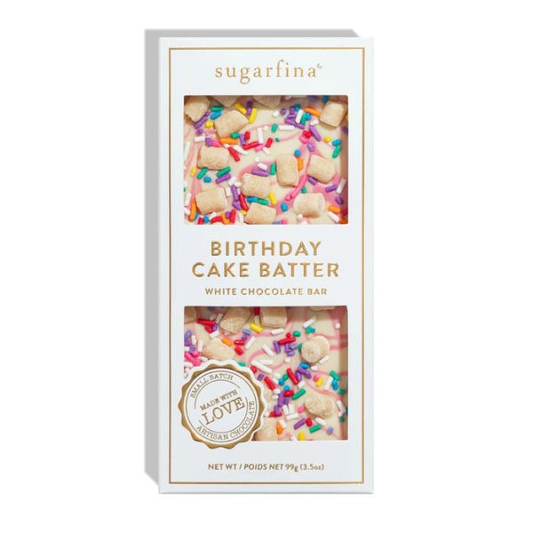 Sugarfina Birthday Cake Batter white chocolate bar packaging on a white background | Build A Luxury Custom Gift Box for Women with Luxe & Bloom
