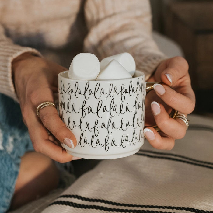 Woman Holding A Sweet Water Decor Fa La La Coffee Mug | Build A Luxury Custom Christmas Gift Box for Women with Luxe & Bloom