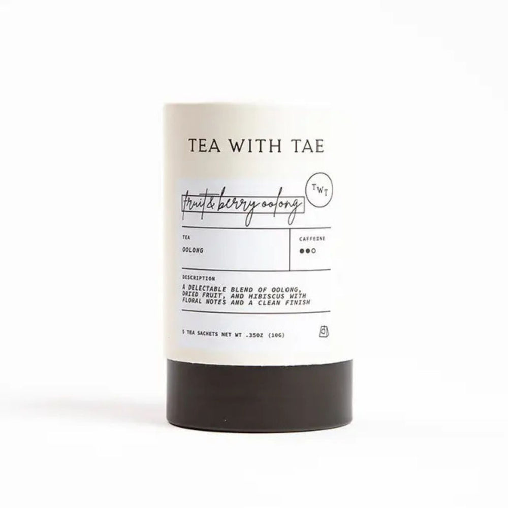 Cylindrical tube of Tea with Tae Fruit & Berry Oolong Tea on a white background | Build A Luxury Custom Gift Box with Luxe & Bloom