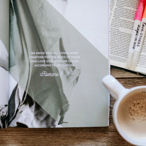 The Daily Grace Co. Daughters of Grace Bible Study open with Romans 8:28 on page | Build A Luxury Christian Custom Gift Box for Women with Luxe & Bloom